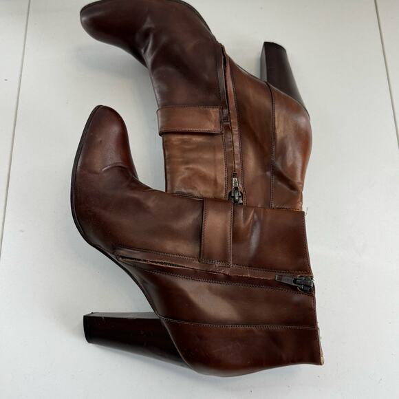Cole Haan Size 8 Brown Leather Ankle Boots High Block Heel Buckle Bootie - Picture 5 of 10